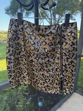 Tobi Gold and Black Sequin Leopard Mini Skirt adjustable slit